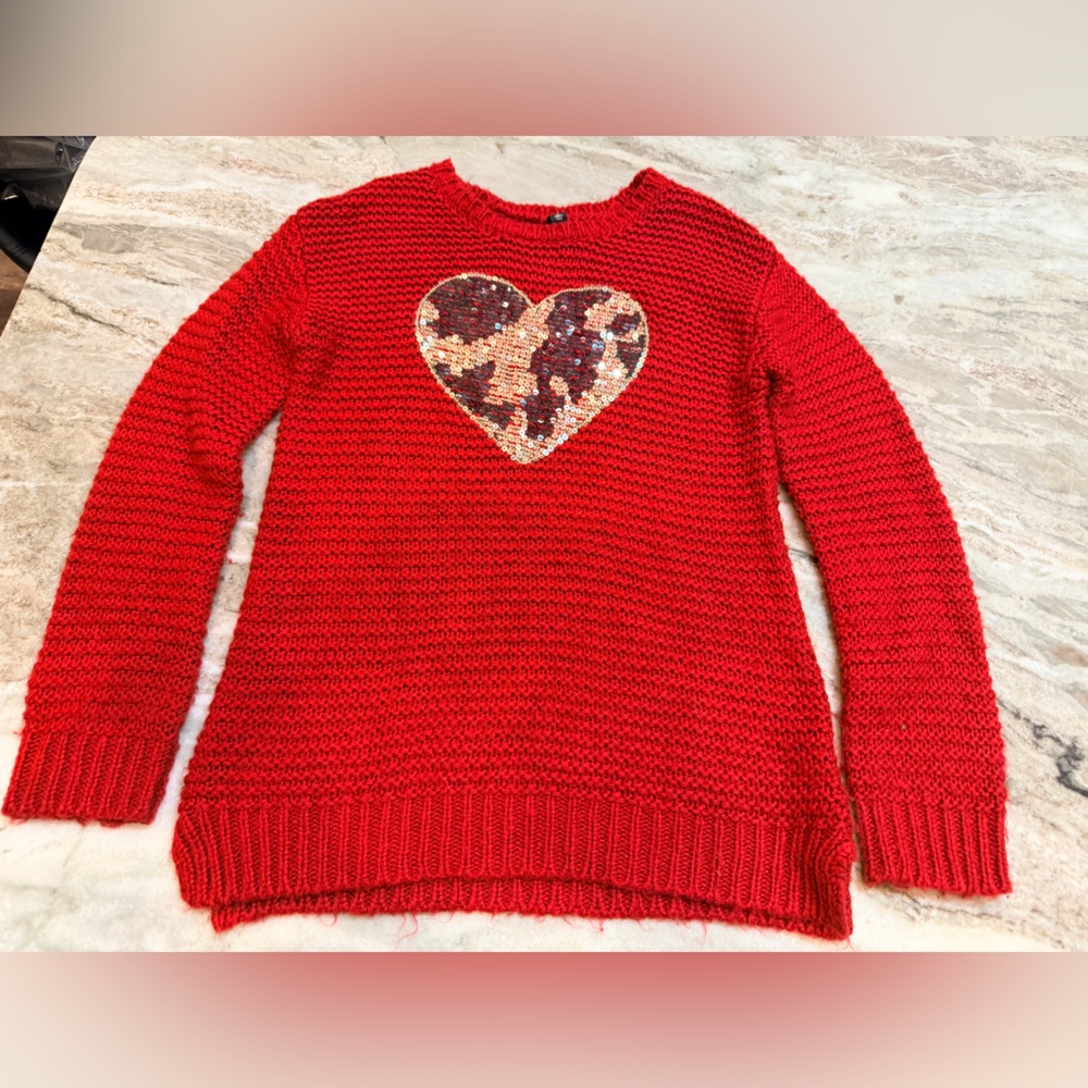 Jessica Simpson Red Chunky Knit Sweater Sequin Heart Size L